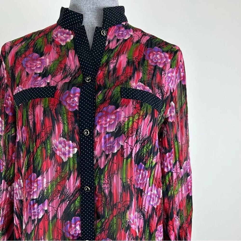 Vintage Diane Tres Polka Dot Sheer Floral‎ Button Down Blouse